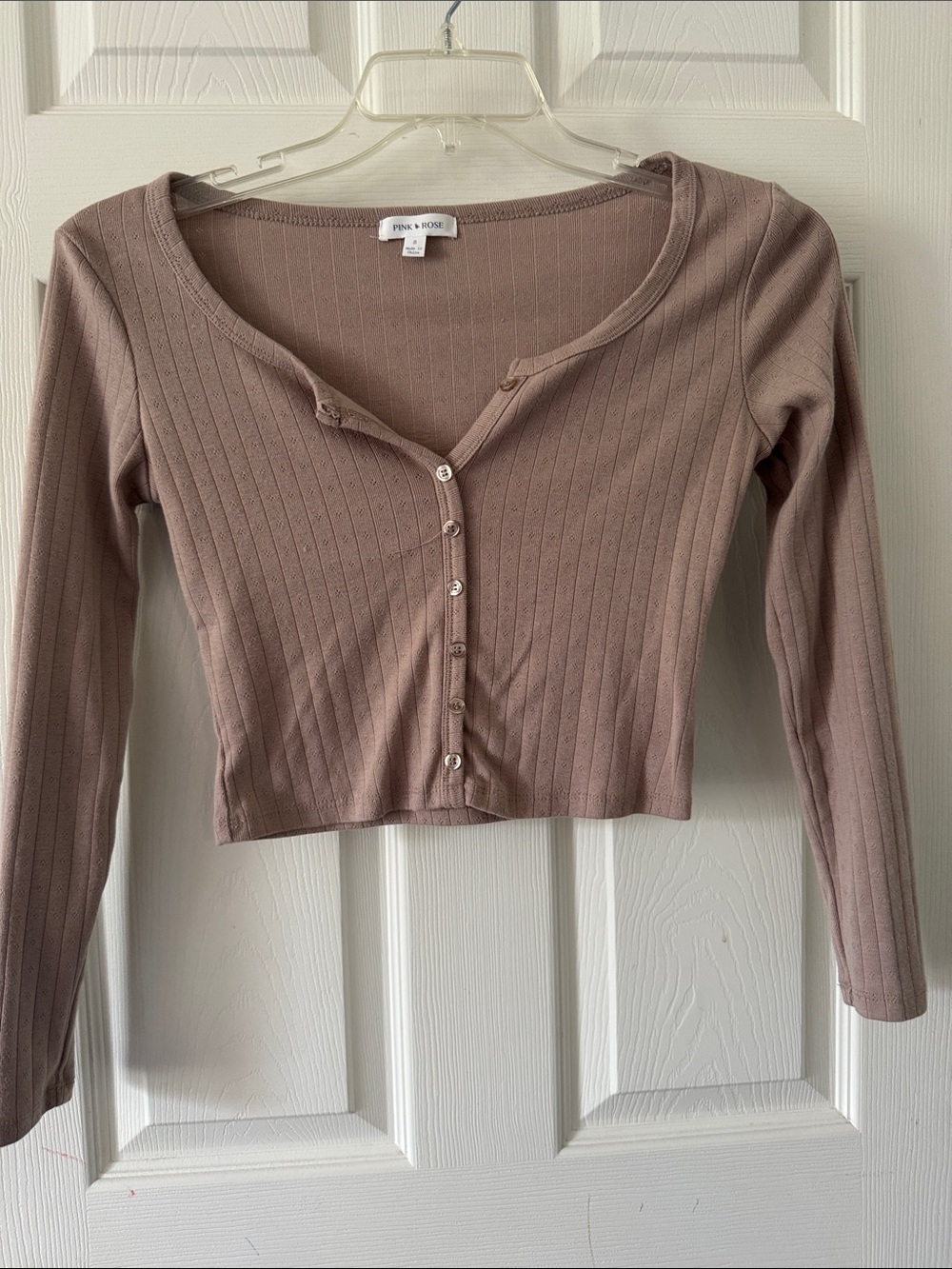 Pink Rose Dusty Mauve Ribbed Button Crop Top
